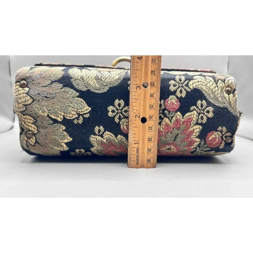 Vtg Floral Tapestry Handbag Gold Ring Top Handle Brocade Satchel Black 6